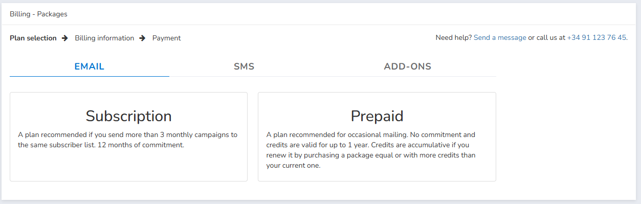 Screen to choose an Email plan, SMS plan, or Add-on