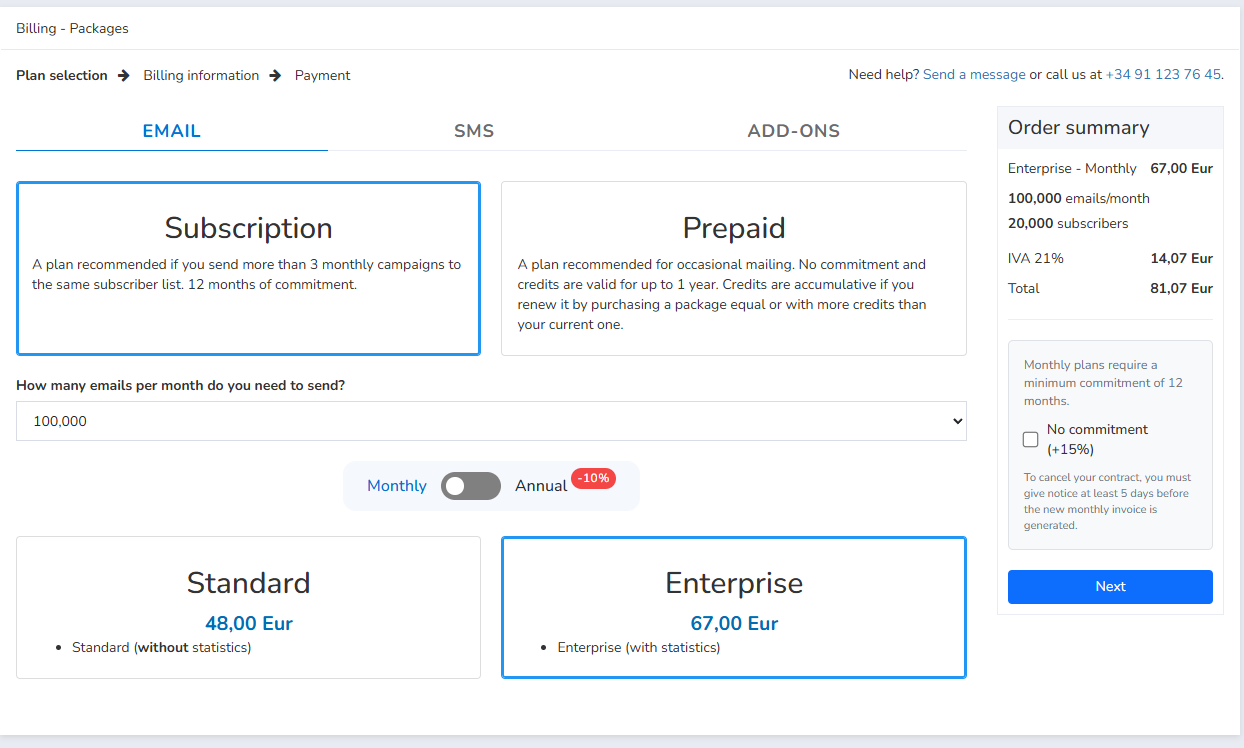 Plan configuration options with the Next button