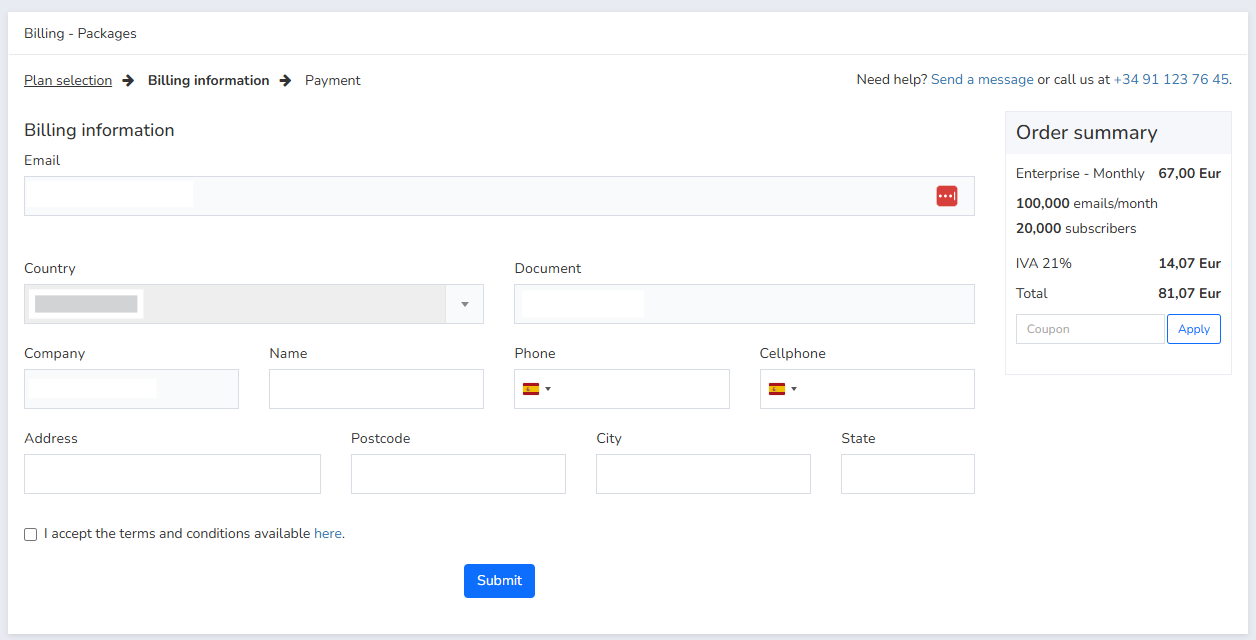 Billing details form with the Submit button