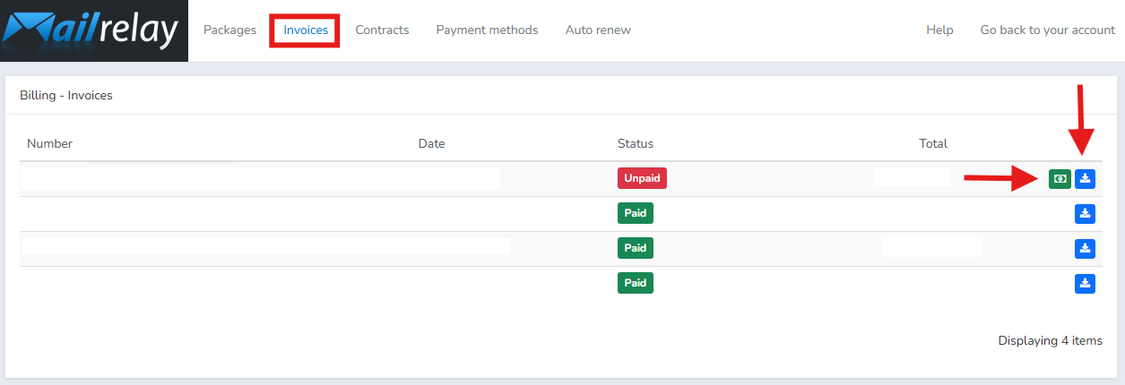Invoices menu showing invoice records
