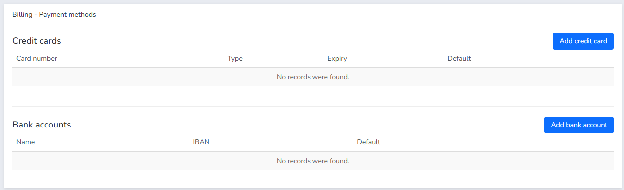 Payment Methods menu for adding cards or bank accounts