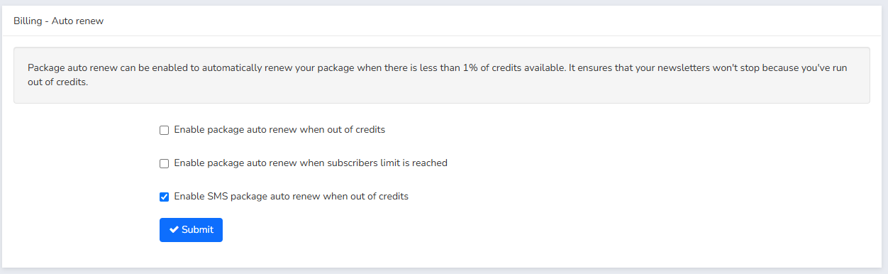 Automatic Renewal settings menu