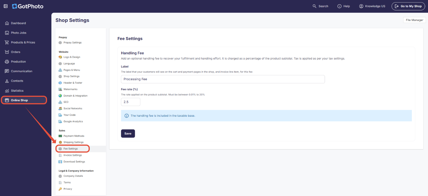 Screenshot: handling fee settings page showing the label and percentage fields