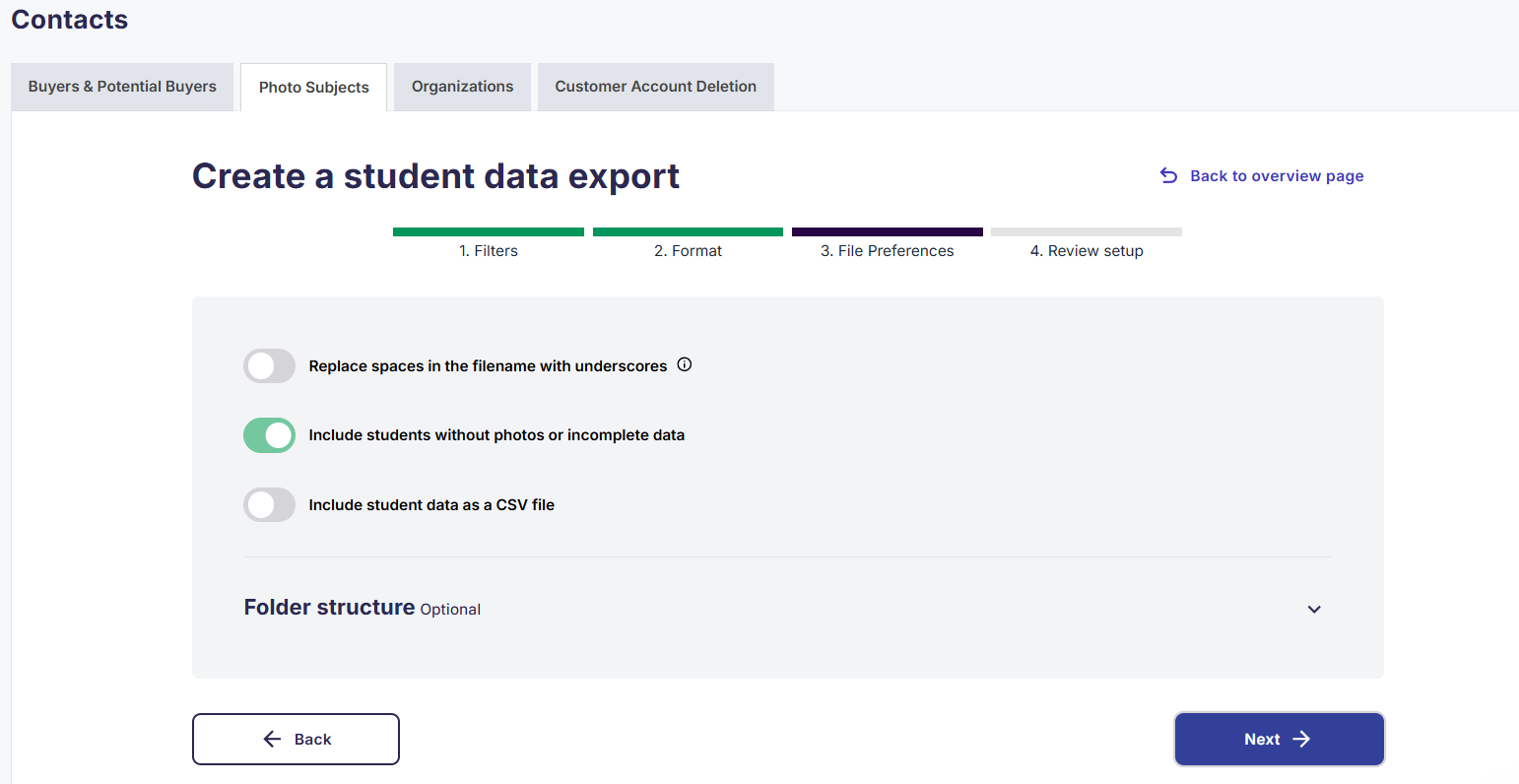 Filename format and export options.