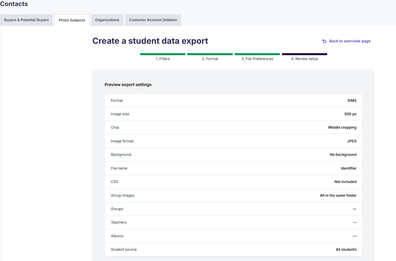 Export settings summary with the option to save the selections as a template.
