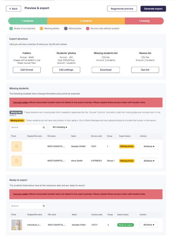 Export summary and download links.