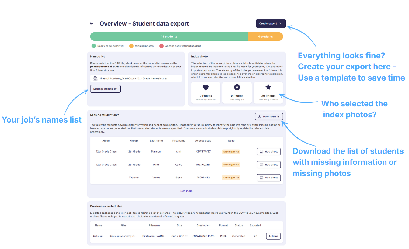 Create export and Actions menu in export page.