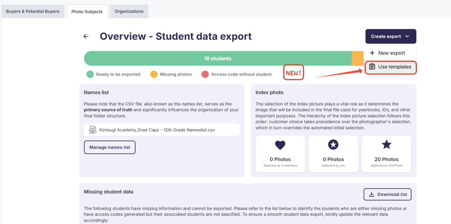 Use templates option in the Create export dropdown menu.