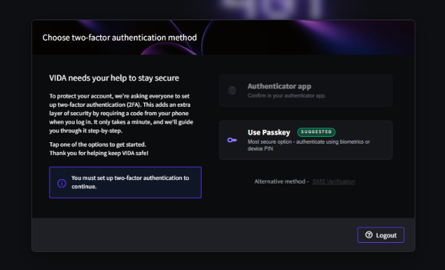 The Choose two-factor authentication method screen, with Use Passkey marked as the suggested option alongside Authenticator app