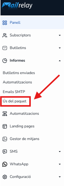 Opció Ús del paquet al menú d'Informes