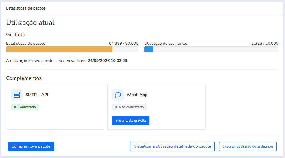 Complementos mostrando o status Ativo e Não ativo
