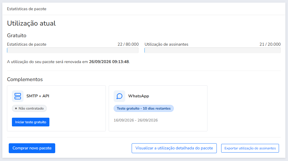 Complemento mostrando o período de teste restante