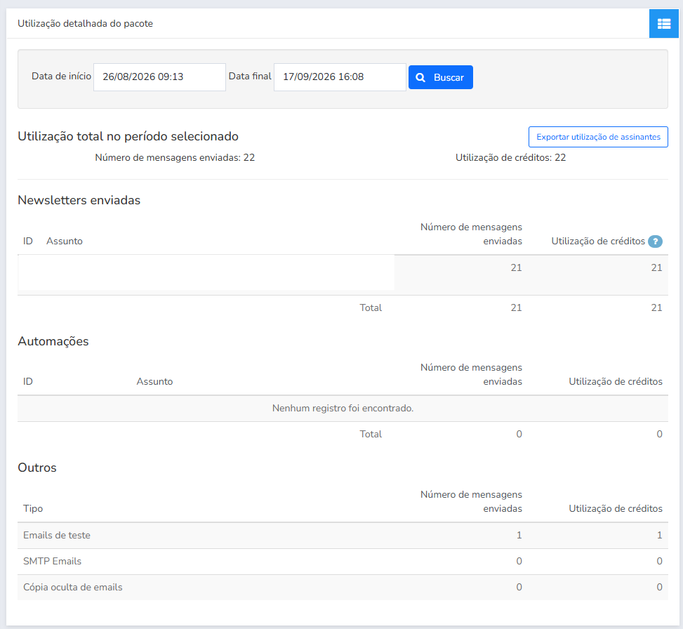 Tela de uso detalhado do pacote com filtros de data