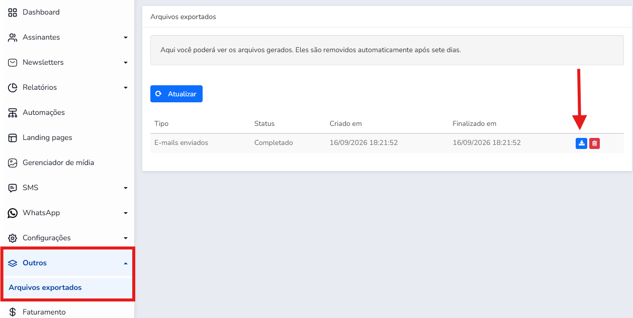 Lista de arquivos exportados com tipo, status e datas