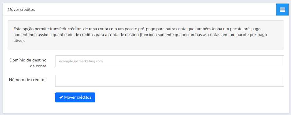 Tela de transferência de créditos para pacotes pré-pagos