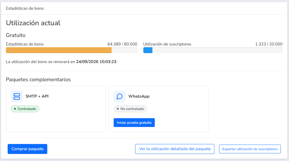 Complementos mostrando el estado Activo y No activo