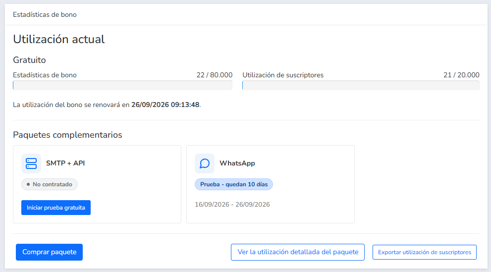 Complemento mostrando el período de prueba restante