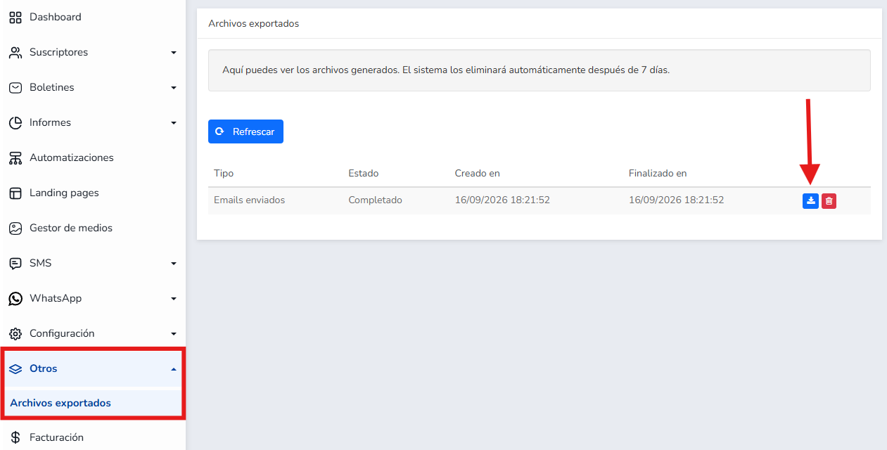 Lista de archivos exportados con tipo, estado y fechas