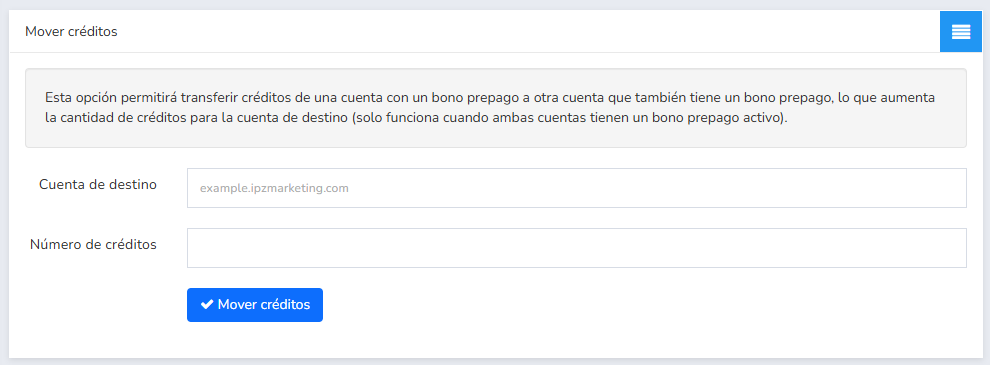 Pantalla de transferencia de créditos para paquetes prepago