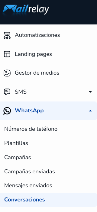 Menú de WhatsApp con la opción Conversaciones