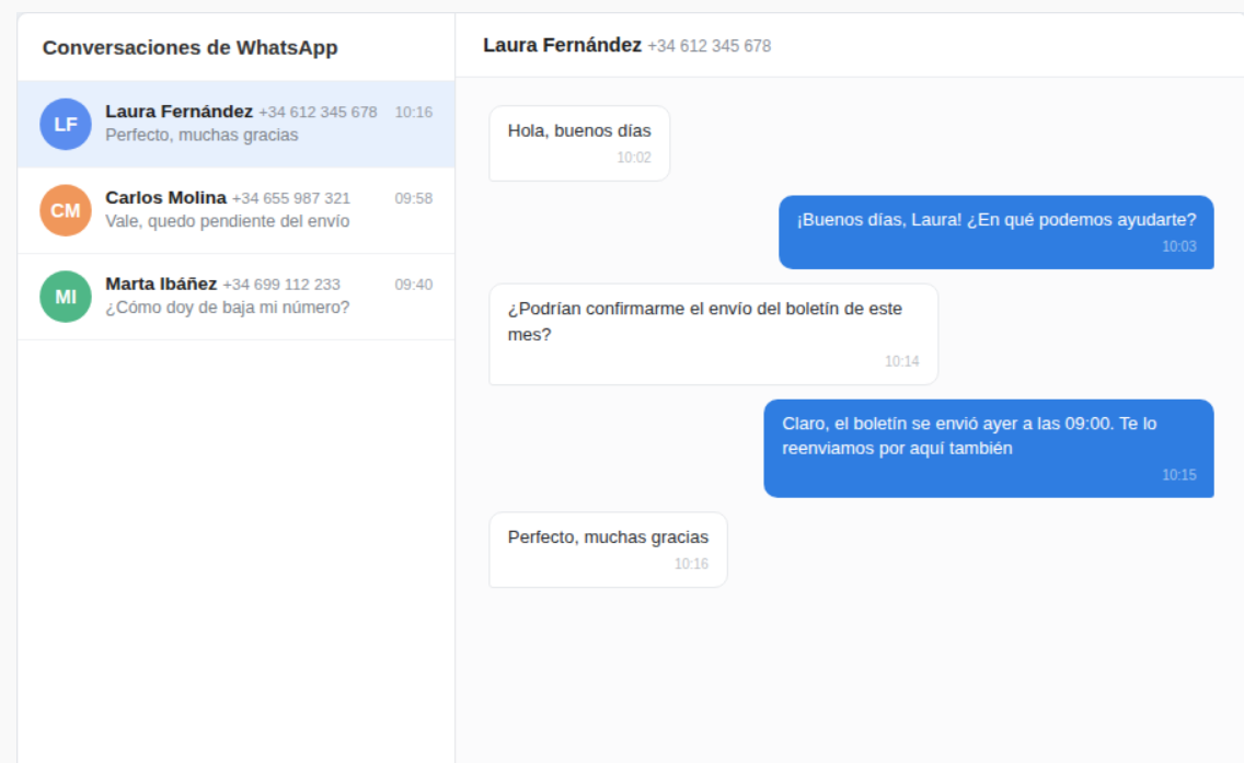 Ejemplo de la lista de conversaciones y la vista de detalle de WhatsApp (maqueta con datos ficticios)