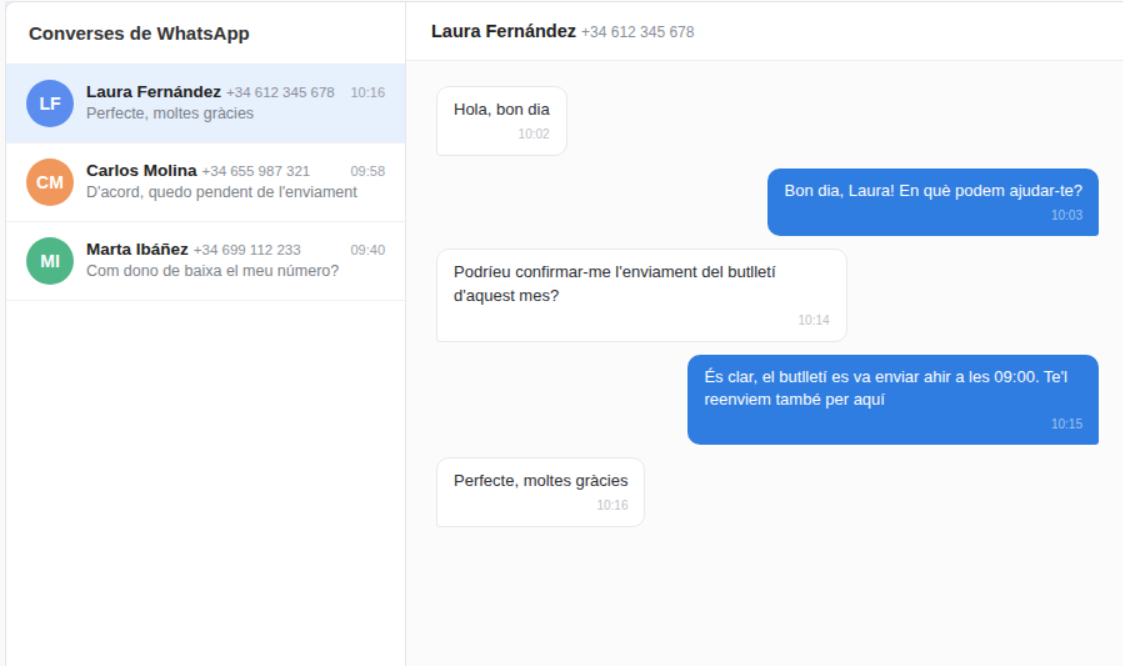 Exemple de la llista de converses i la vista de detall de WhatsApp (maquetació amb dades fictícies)