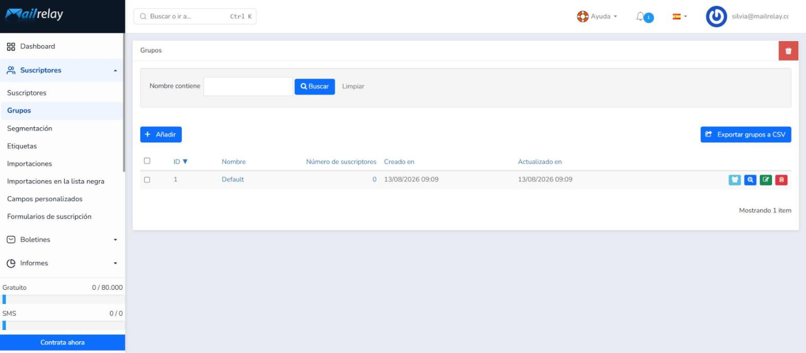 Pantalla Suscriptores > Grupos de Mailrelay con el listado de grupos, el grupo Default y el botón Añadir