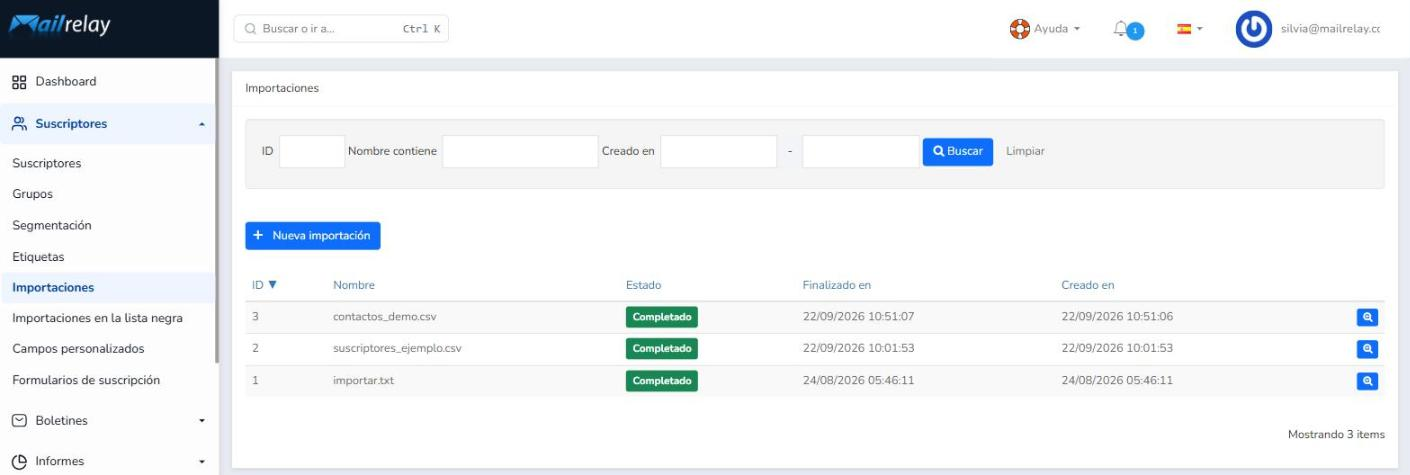 Pantalla Suscriptores > Importaciones de Mailrelay con el historial de importaciones y el botón Nueva importación
