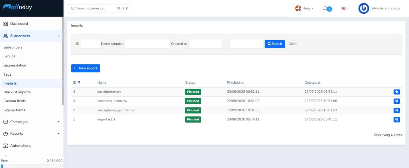 Mailrelay Subscribers > Imports screen with the import history and the New import button