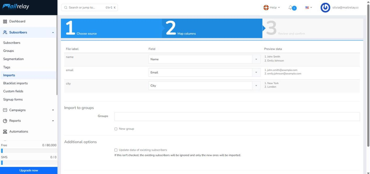 Map columns stage with the file columns name, email and city matched to the Name, Email and City fields and the data preview