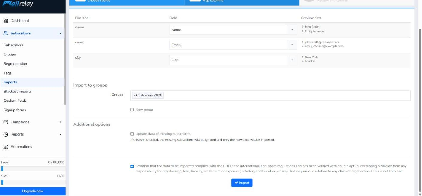 Import to groups section with the Customers 2026 group selected, Additional options, the GDPR compliance declaration checkbox ticked and the Import button