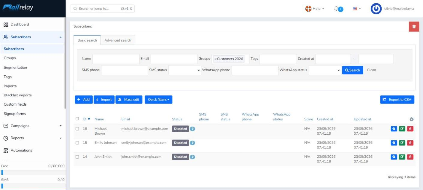 Subscribers > Subscribers screen filtered by the Customers 2026 group showing the three imported contacts with name, email, status and creation date