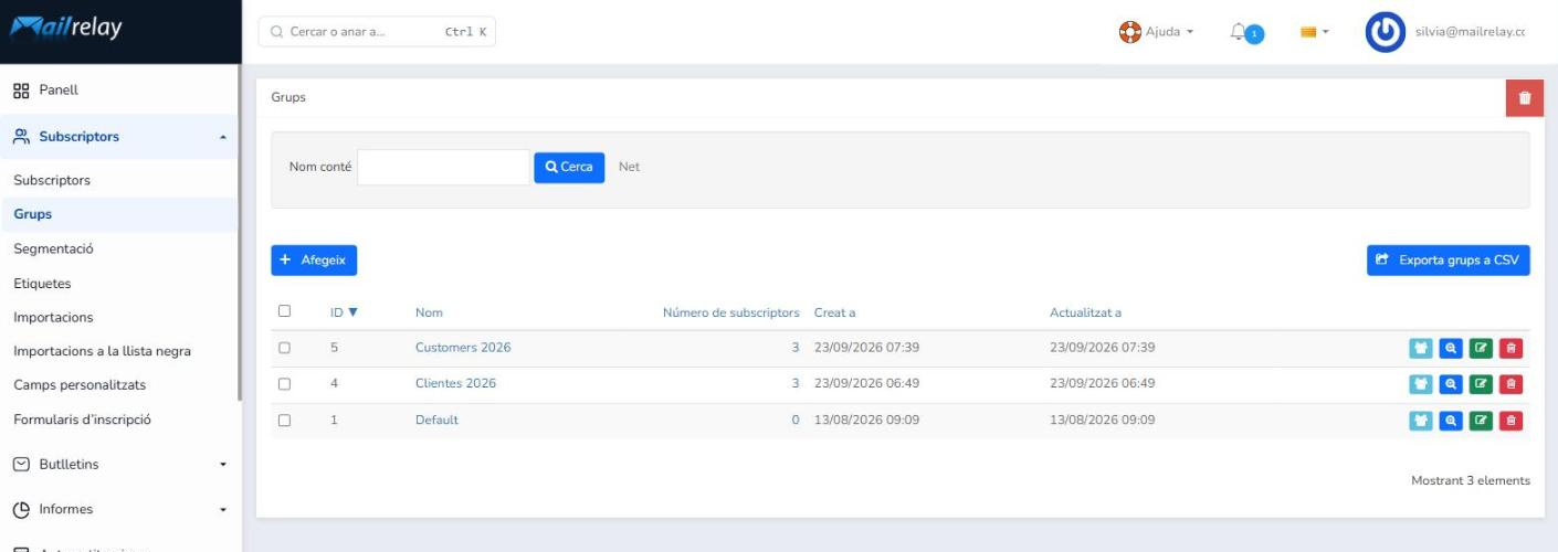 Pantalla Subscriptors > Grups de Mailrelay amb la llista de grups, el grup Default i el botó Afegeix
