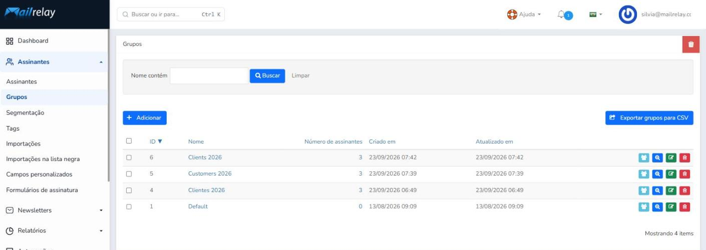 Tela Assinantes > Grupos do Mailrelay com a lista de grupos, o grupo Default e o botão Adicionar