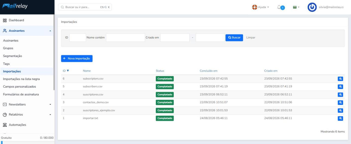 Tela Assinantes > Importações do Mailrelay com o histórico de importações e o botão Nova importação