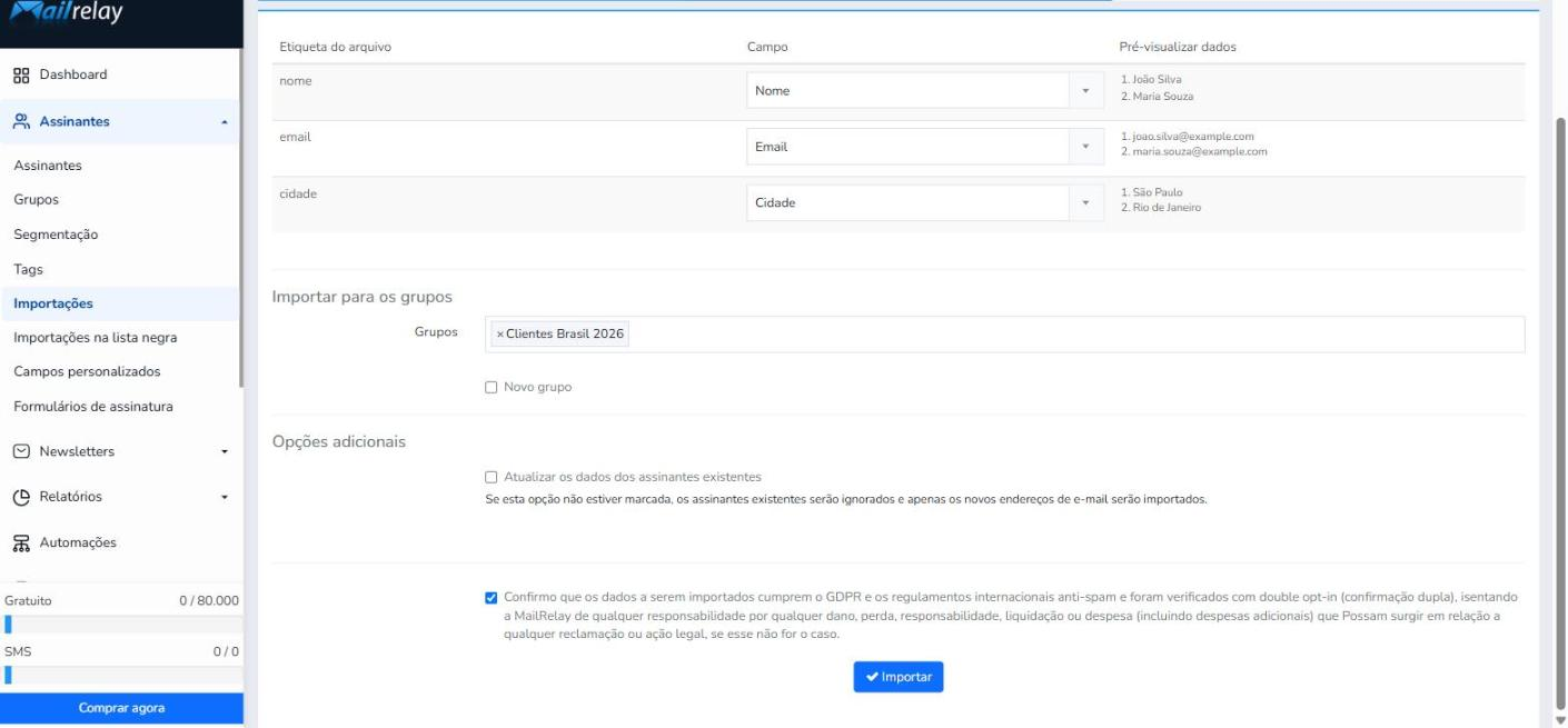 Seções Importar para os grupos com o grupo Clientes Brasil 2026 selecionado, Opções adicionais, caixa de declaração de conformidade com o GDPR marcada e botão Importar