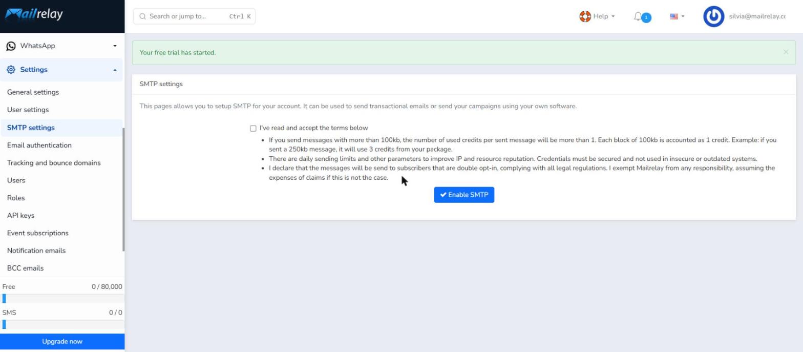 Free trial started banner and SMTP terms