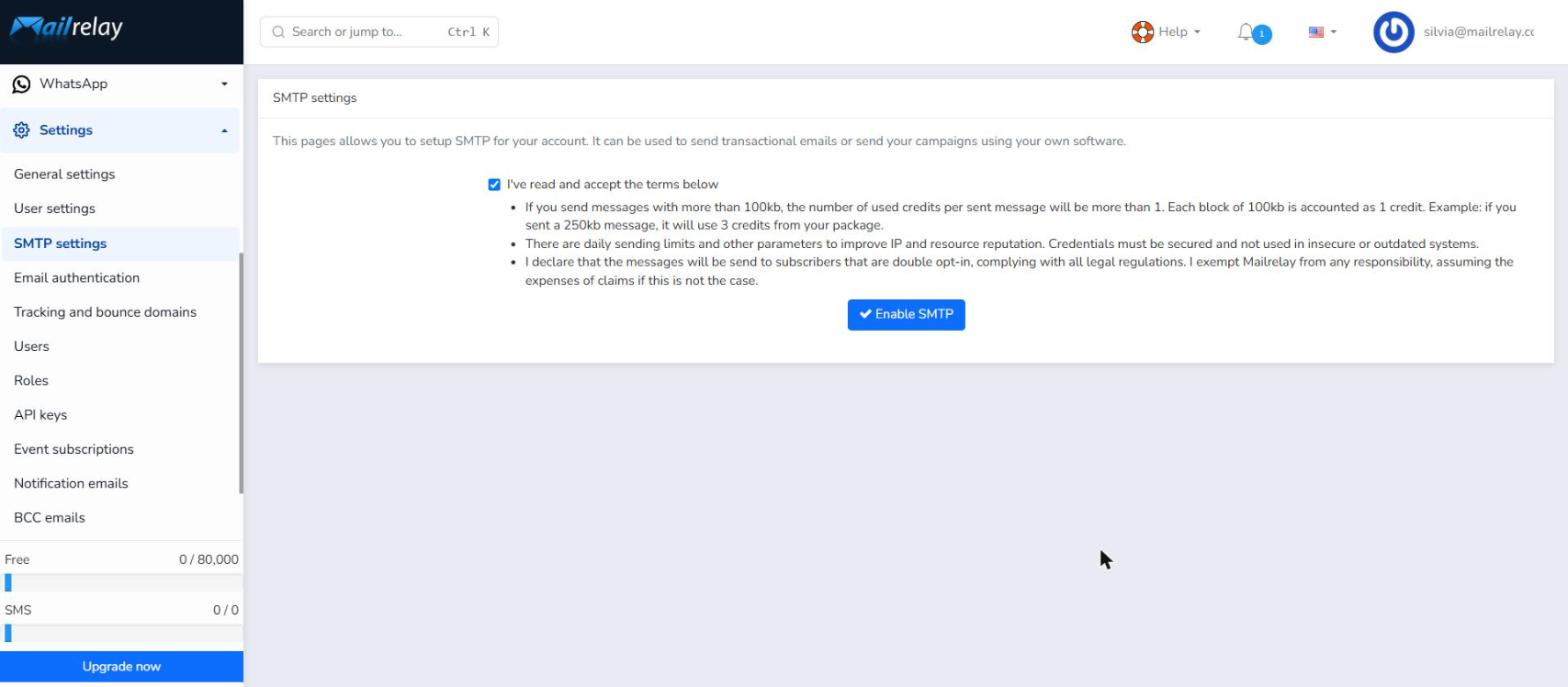 Terms checkbox ticked and Enable SMTP button