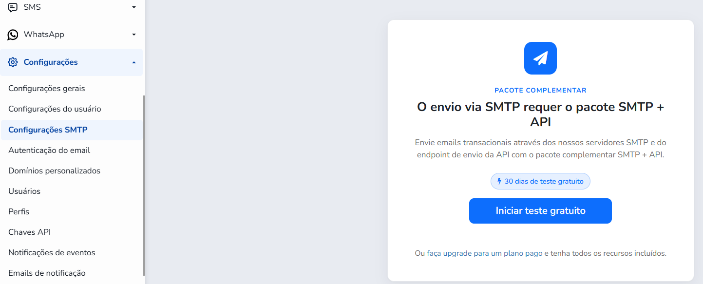 Página de Configurações SMTP com o botão para iniciar o teste gratuito