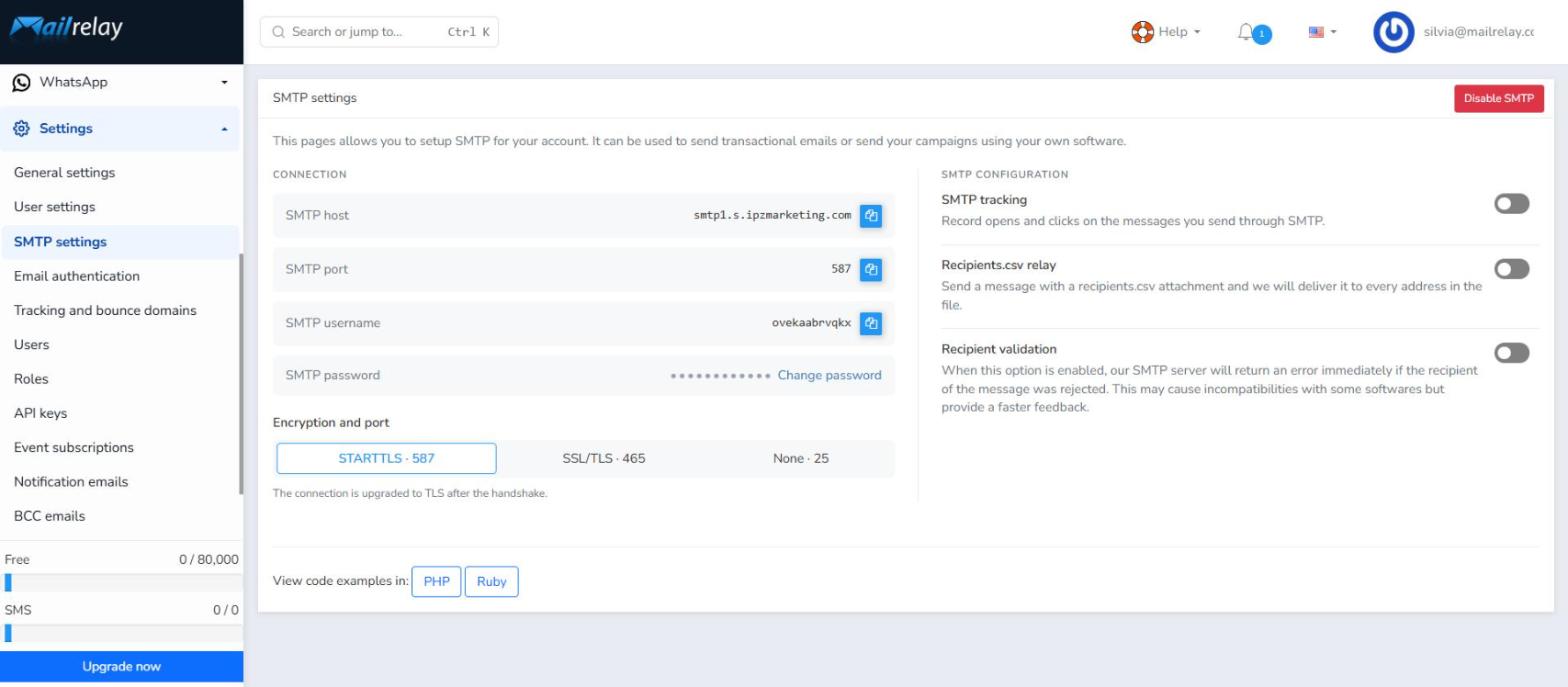 Painel de Configurações SMTP com as opções de criptografia e porta e os interruptores de configuração