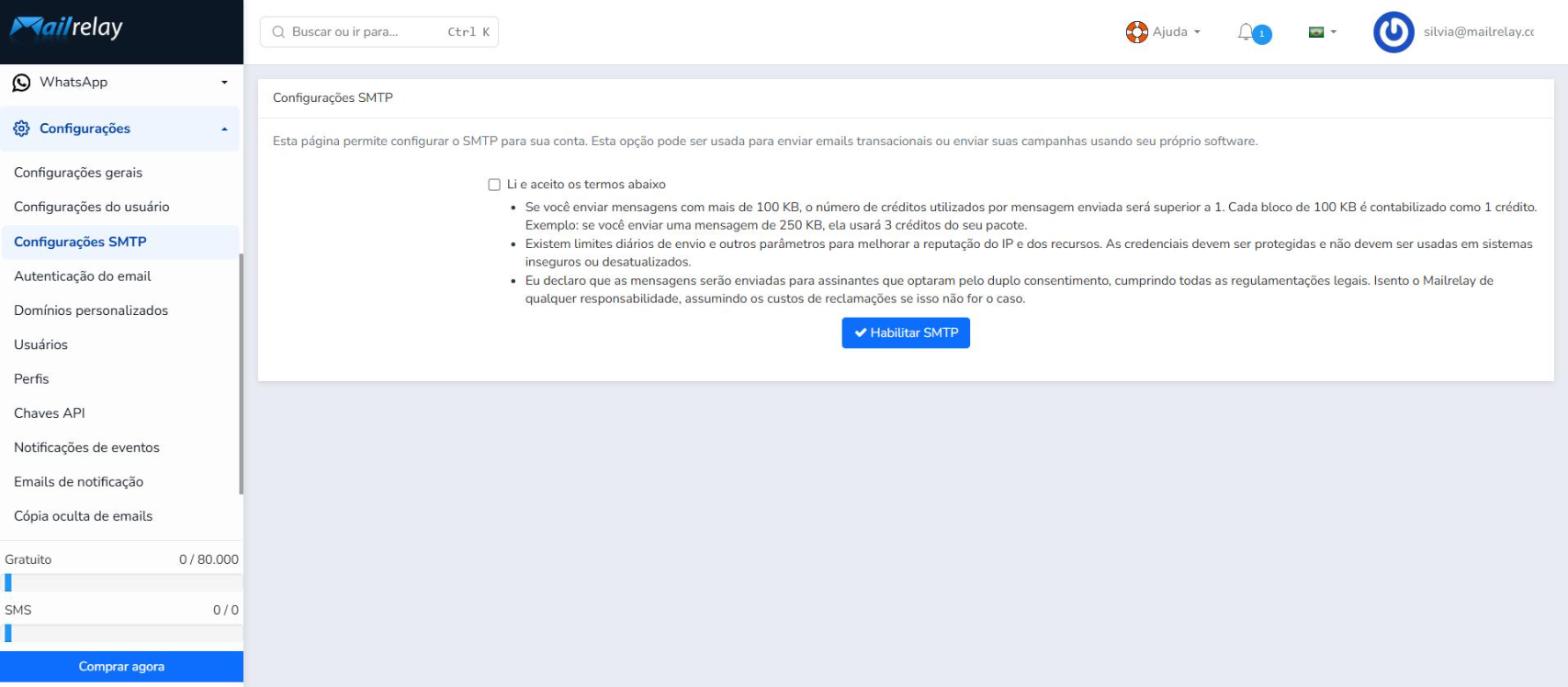 Termos de uso do SMTP exibidos após ativar o teste gratuito