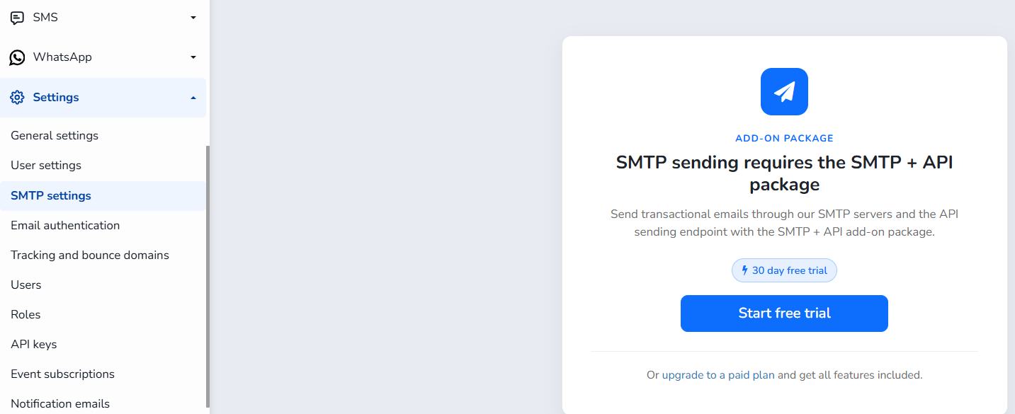 SMTP settings page showing the Start free trial button