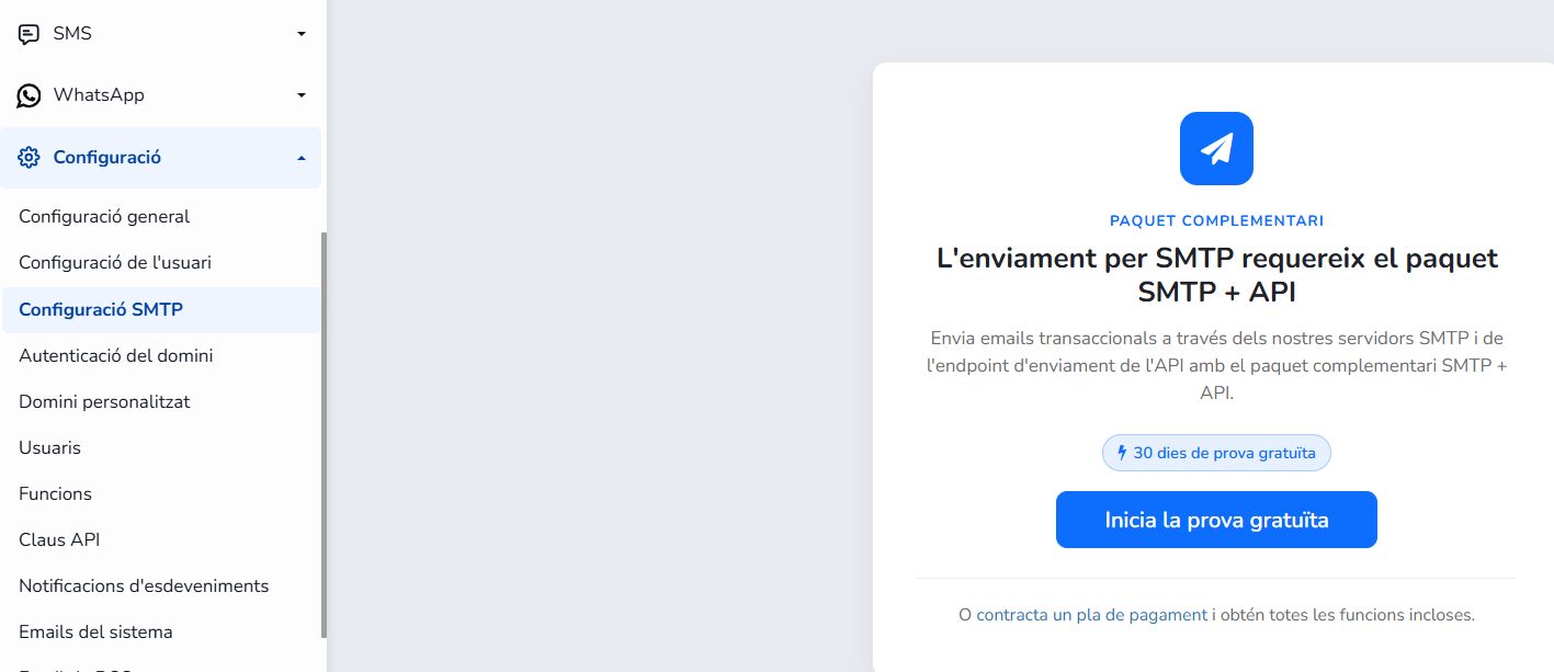 Pàgina de Configuració SMTP amb el botó per iniciar la prova gratuïta