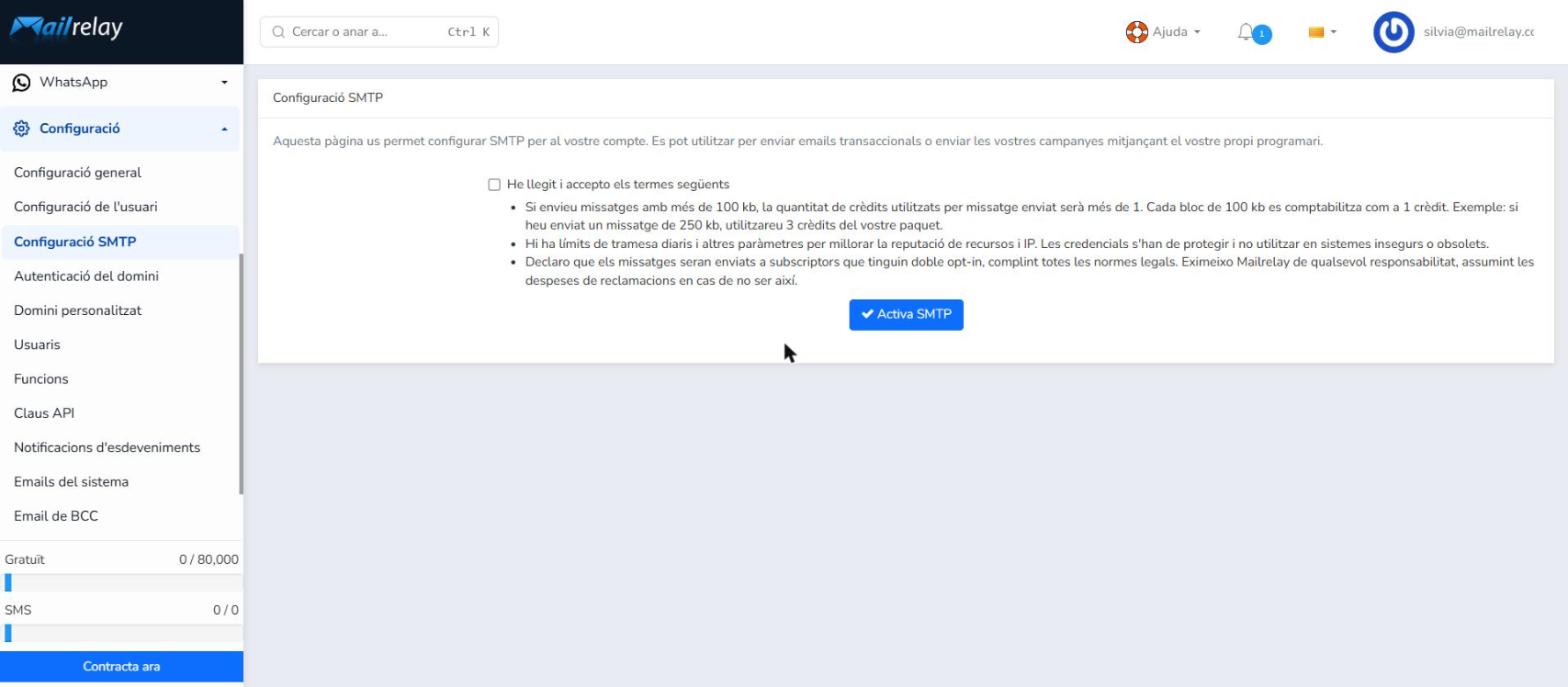 Termes d'ús de l'SMTP que es mostren després d'activar la prova gratuïta