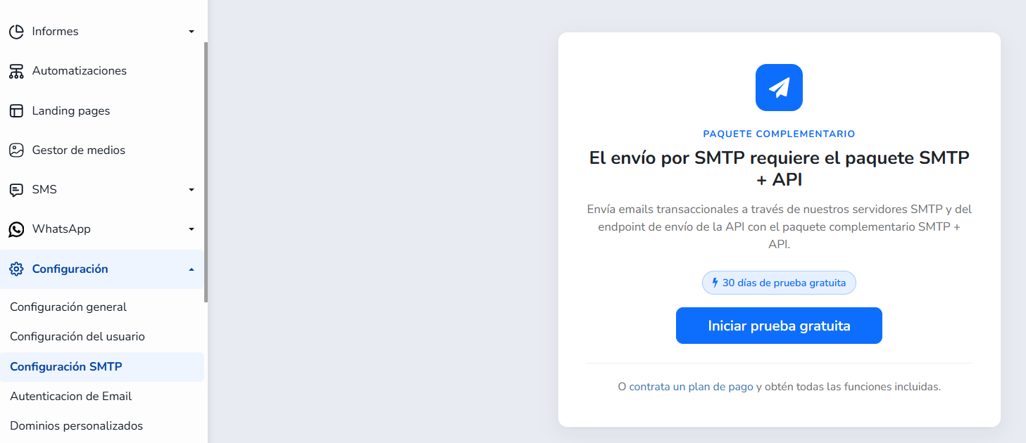 Página de Configuración SMTP con el botón para iniciar la prueba gratuita