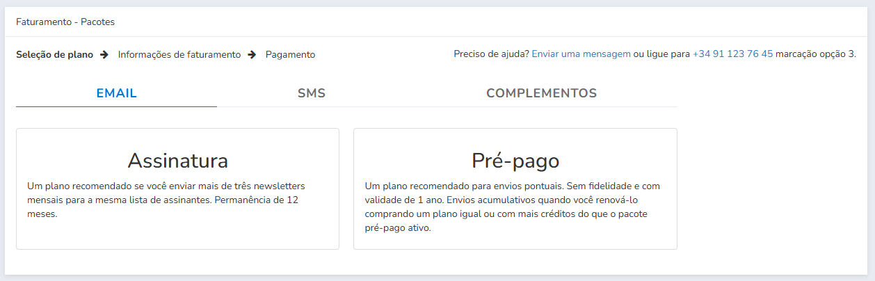 Tela para escolher um plano de Email, plano de SMS ou Complemento