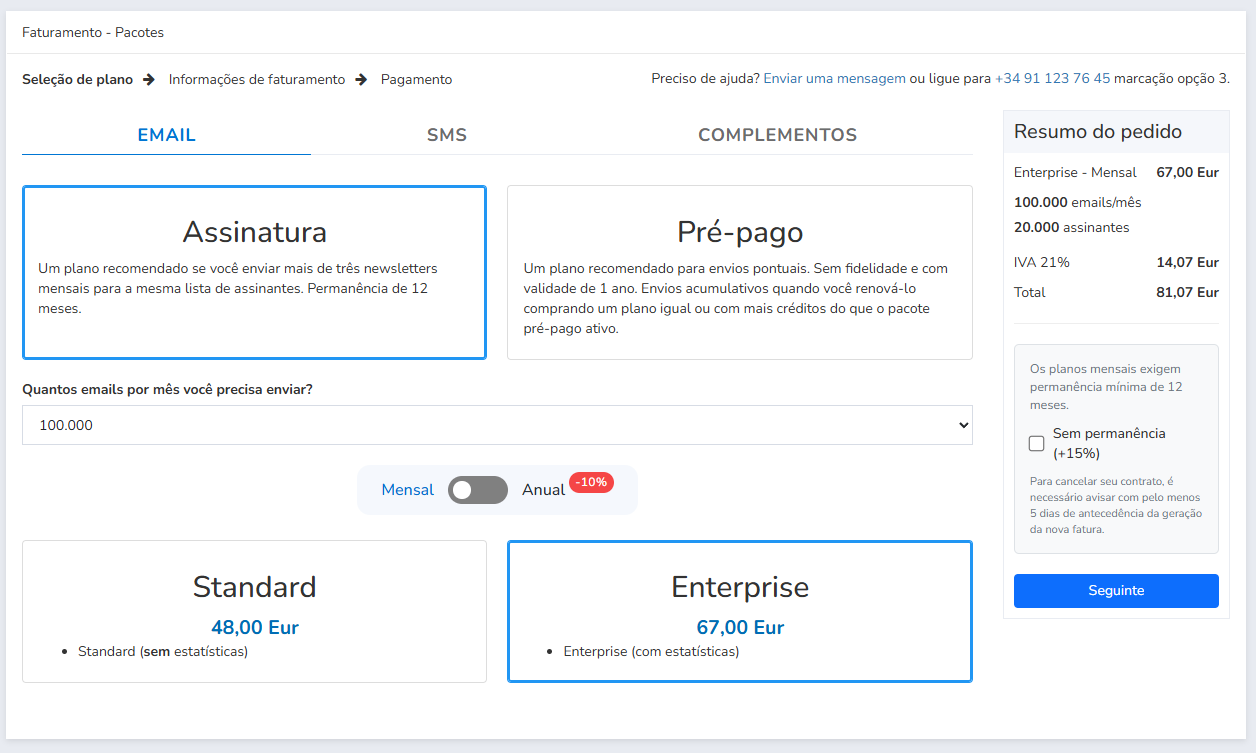 Opções de configuração do plano com o botão Seguinte