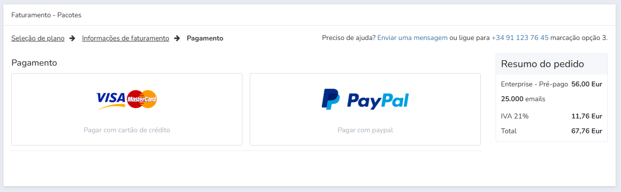 Tela de pagamento com as opções Cartão e PayPal