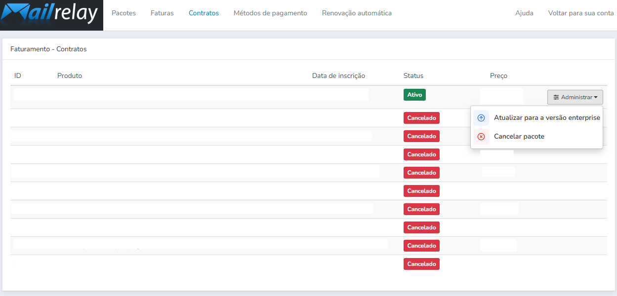 Opções de contrato para um pacote Pré-pago ou de SMS