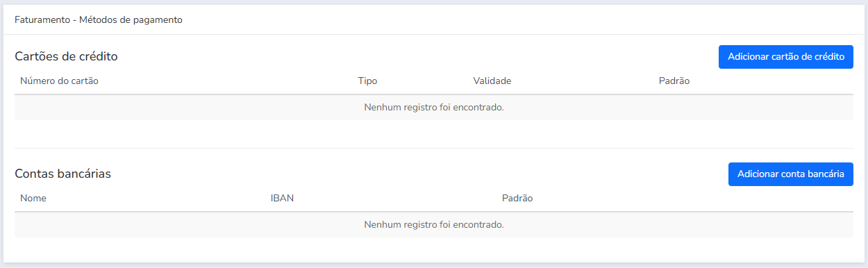 Menu Métodos de Pagamento para adicionar cartões ou contas bancárias